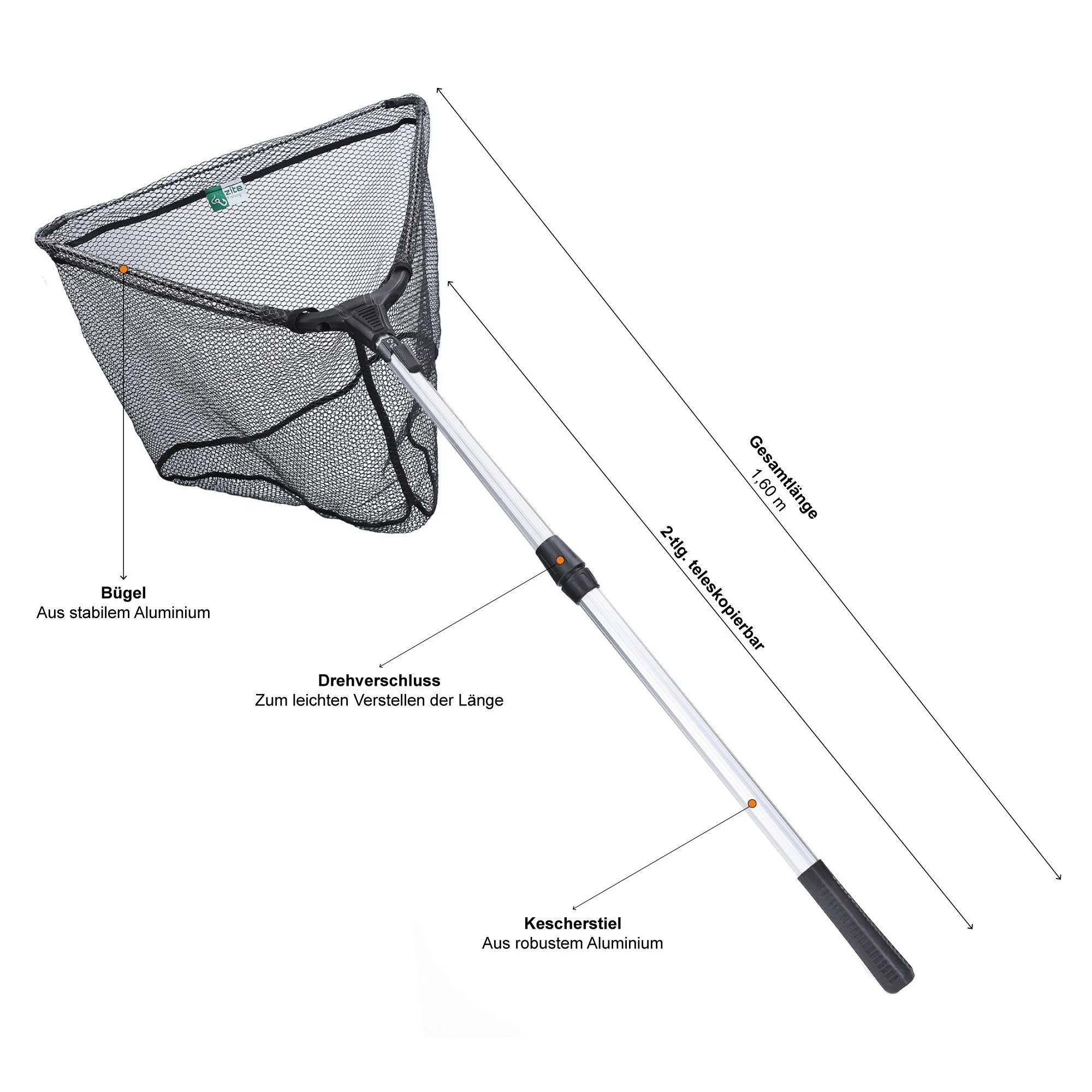 Zite Angelkescher – Gummiert & teleskopierbar, 160 cm mit Maßband-Tasche